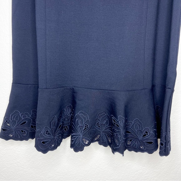 Talbots RSVP Embroidered Flounce Sheath Dress Navy Ponte Sleeveless size 12 NEW - Picture 9 of 10